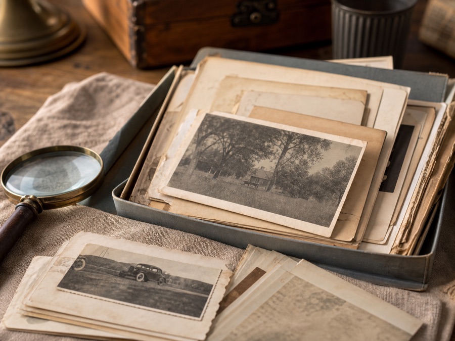 Old documents and faded family photographs in an archive folder