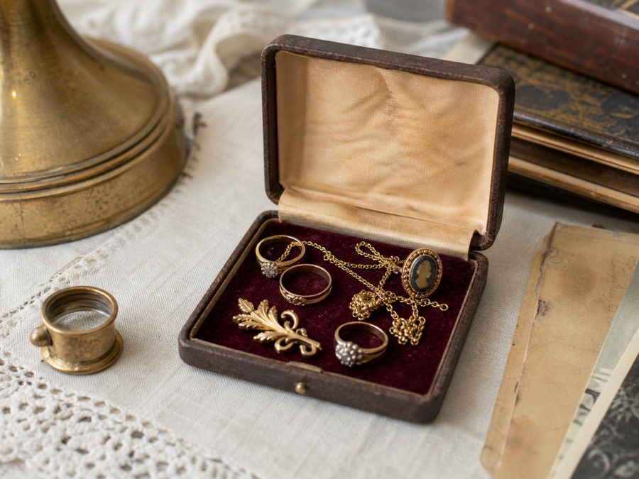 Inherited jewellery box with old rings and a brooch