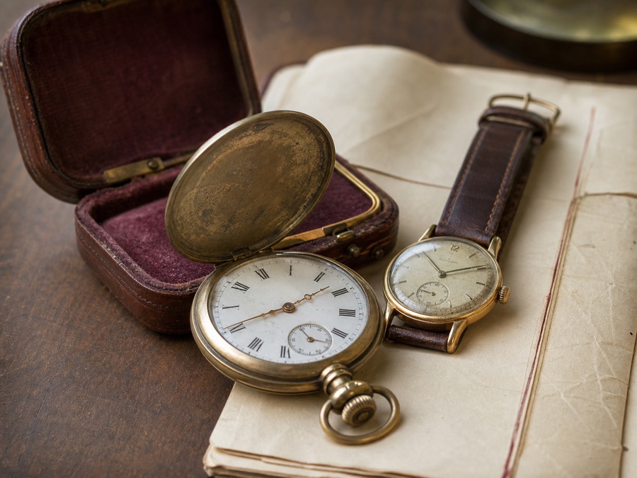 Antique pocket watch and old wristwatch on a table